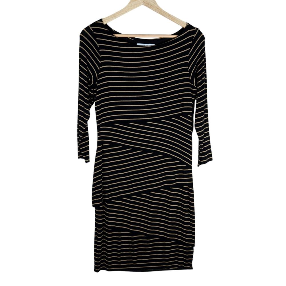 Ali & Jay Womens Bodycon Dress Medium Black Striped Ruched Timeless Modern Chic